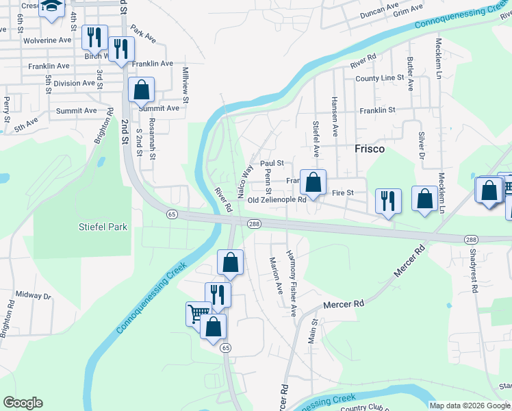 map of restaurants, bars, coffee shops, grocery stores, and more near 517 Old Zelienople Rd in Ellwood City