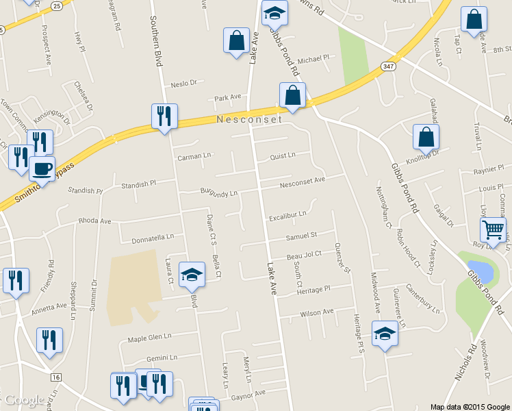 map of restaurants, bars, coffee shops, grocery stores, and more near 228 Lake Ave S in Nesconset