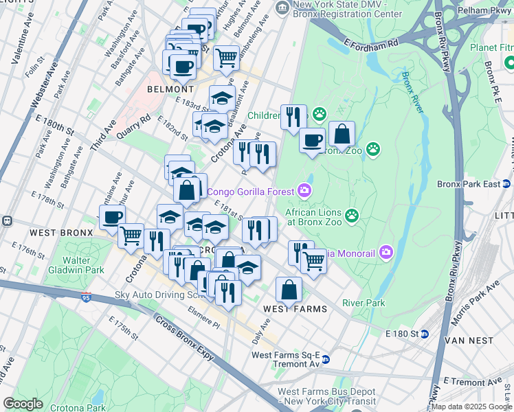 map of restaurants, bars, coffee shops, grocery stores, and more near 2154 Mapes Avenue in The Bronx