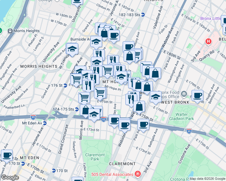 map of restaurants, bars, coffee shops, grocery stores, and more near 232 Mount Hope Place in The Bronx