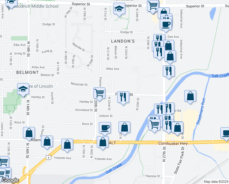 map of restaurants, bars, coffee shops, grocery stores, and more near 3700 North 22nd Street in Lincoln