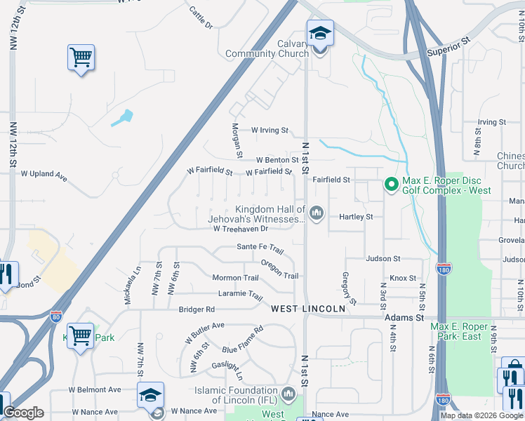 map of restaurants, bars, coffee shops, grocery stores, and more near 3619 Northwest Quincy Court in Lincoln