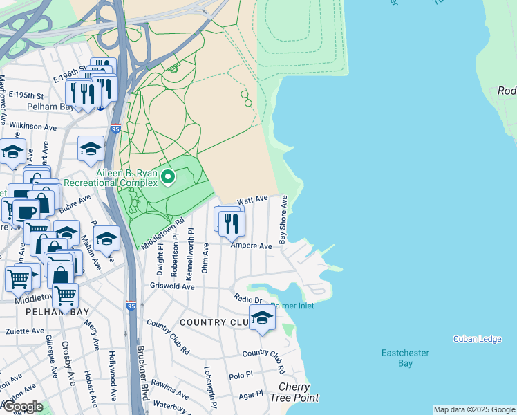map of restaurants, bars, coffee shops, grocery stores, and more near 1656 Library Avenue in Bronx