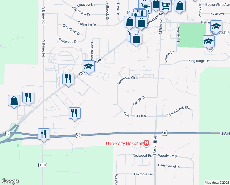 map of restaurants, bars, coffee shops, grocery stores, and more near 1256 Columbus Circle South in Ashland