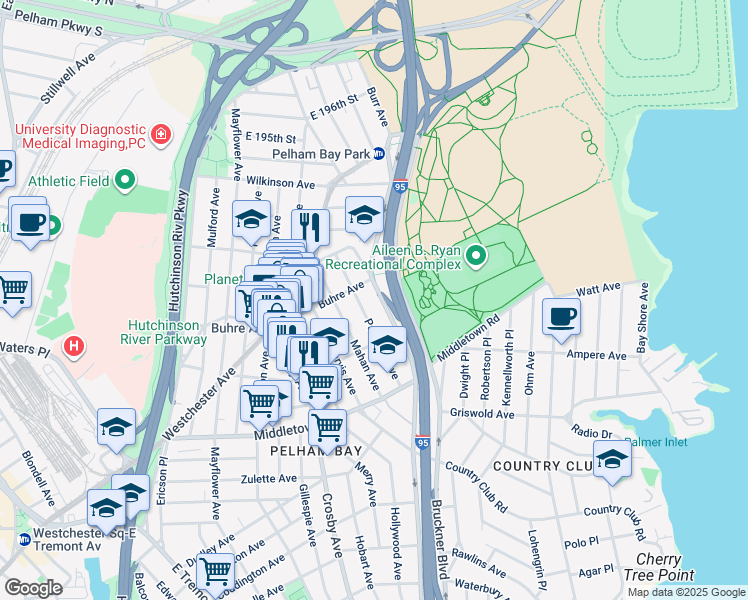 map of restaurants, bars, coffee shops, grocery stores, and more near 1750 Parkview Avenue in Bronx