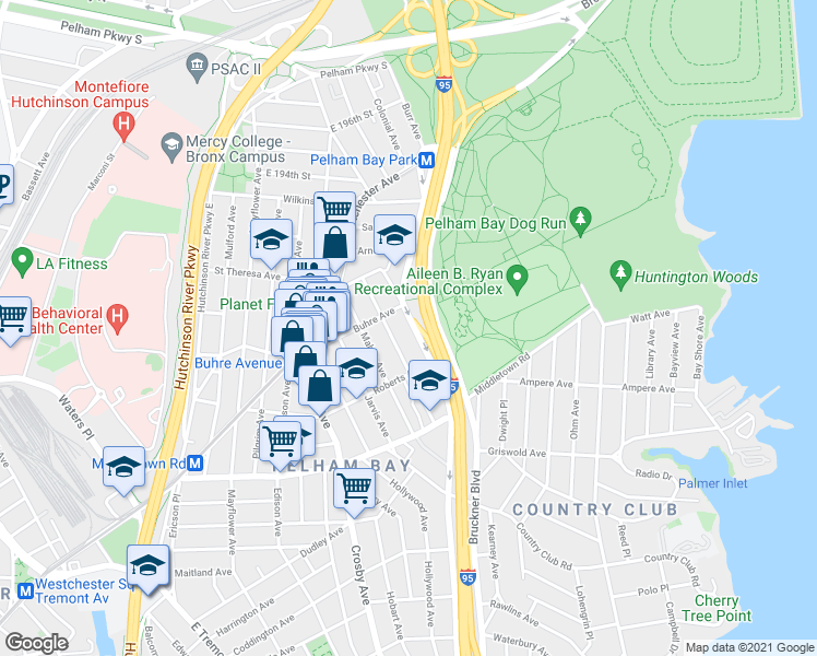 map of restaurants, bars, coffee shops, grocery stores, and more near 3555 Bruckner Boulevard in Bronx