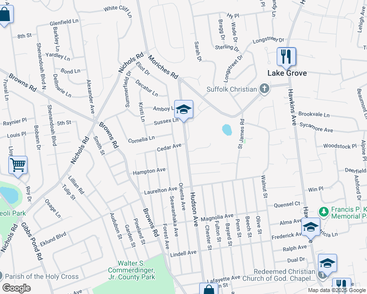 map of restaurants, bars, coffee shops, grocery stores, and more near 3 Phillips Lane in Lake Grove