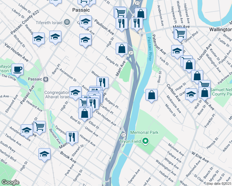map of restaurants, bars, coffee shops, grocery stores, and more near 39 Westervelt Place in Passaic