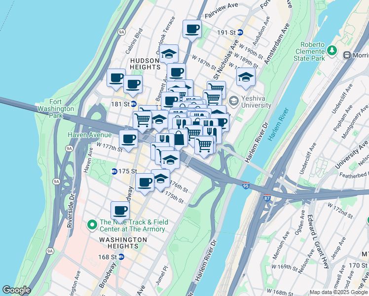 map of restaurants, bars, coffee shops, grocery stores, and more near 1404 Saint Nicholas Avenue in New York