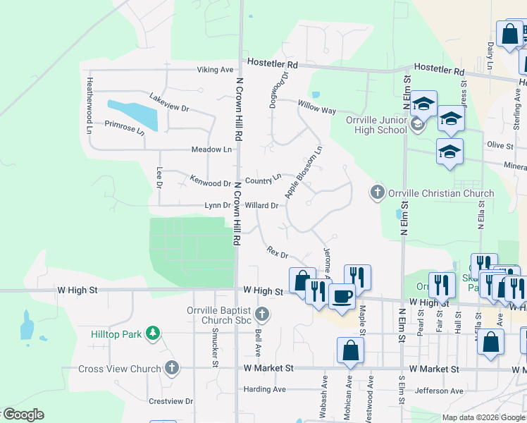 map of restaurants, bars, coffee shops, grocery stores, and more near 1577 Rex Dr in Orrville