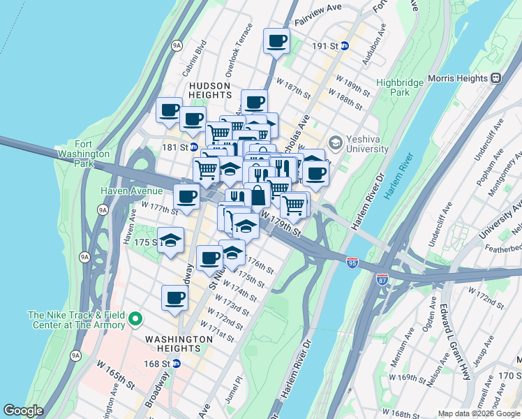 map of restaurants, bars, coffee shops, grocery stores, and more near 561 West 179th Street in New York