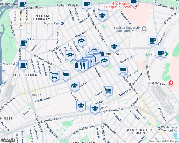 map of restaurants, bars, coffee shops, grocery stores, and more near 1731 Paulding Avenue in Bronx