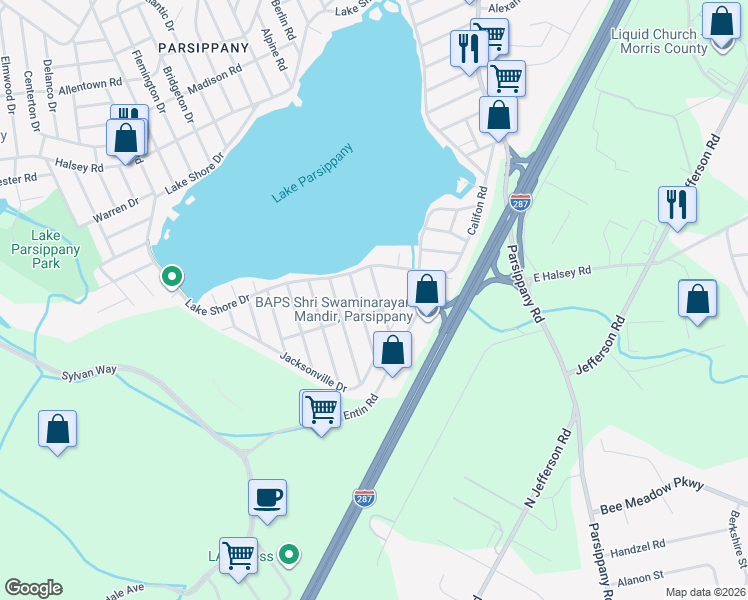 map of restaurants, bars, coffee shops, grocery stores, and more near 25 Deerfield Road in Parsippany-Troy Hills