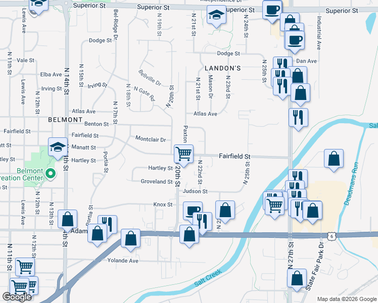 map of restaurants, bars, coffee shops, grocery stores, and more near 2100 Fairfield Street in Lincoln