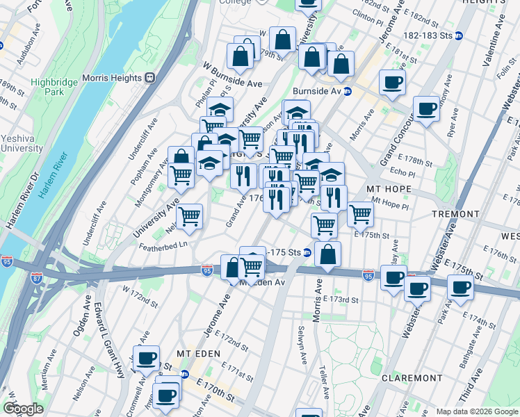 map of restaurants, bars, coffee shops, grocery stores, and more near 1749 Jerome Avenue in The Bronx