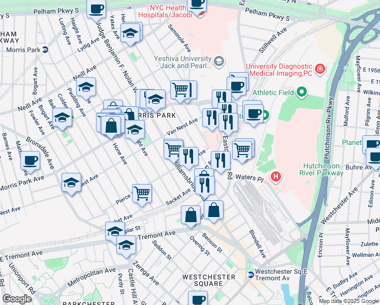 map of restaurants, bars, coffee shops, grocery stores, and more near 1610 Yates Avenue in Bronx