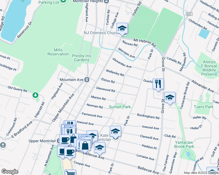 map of restaurants, bars, coffee shops, grocery stores, and more near 43 Glenwood Road in Montclair