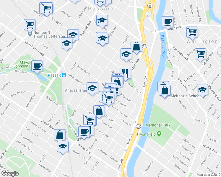 map of restaurants, bars, coffee shops, grocery stores, and more near 26 Ascension Street in Passaic