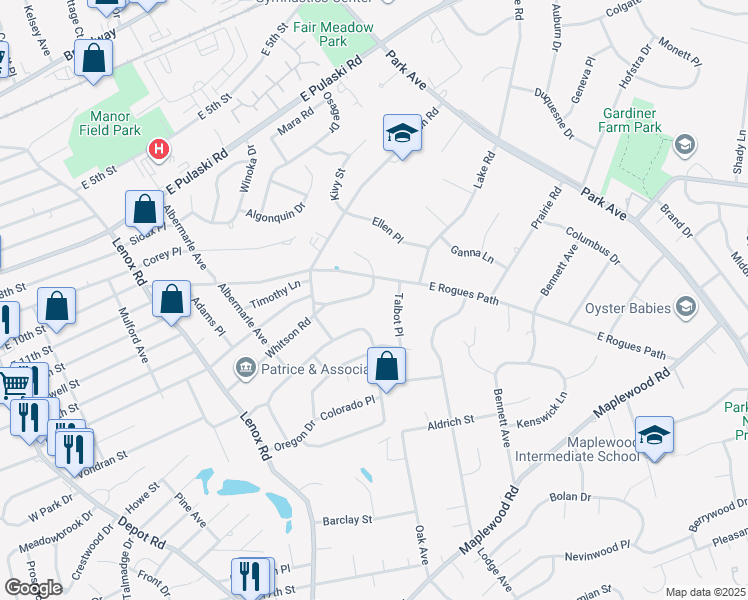 map of restaurants, bars, coffee shops, grocery stores, and more near 58 Fairfield Lane in Huntington Station