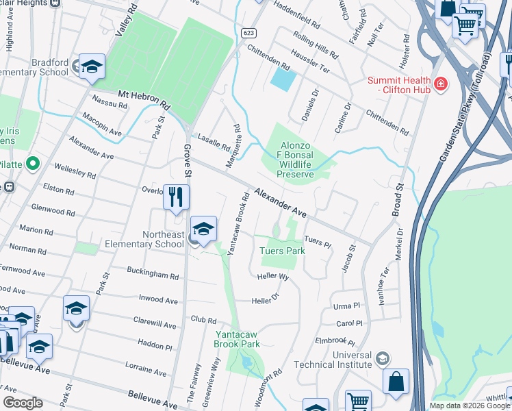 map of restaurants, bars, coffee shops, grocery stores, and more near 18 Capron Lane in Montclair
