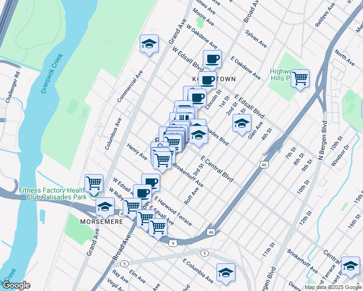 map of restaurants, bars, coffee shops, grocery stores, and more near in Palisades Park