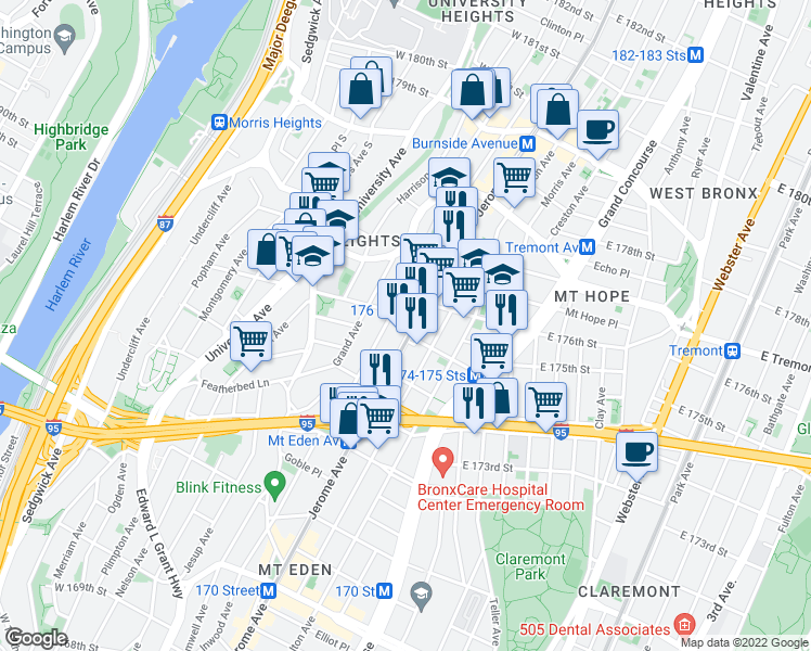 map of restaurants, bars, coffee shops, grocery stores, and more near 1749 Jerome Avenue in The Bronx