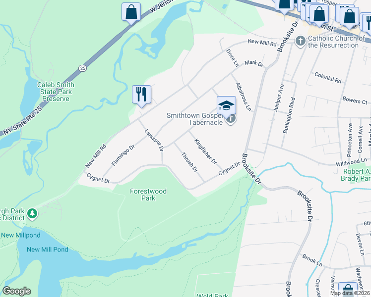 map of restaurants, bars, coffee shops, grocery stores, and more near 5 Thrush Drive in Smithtown