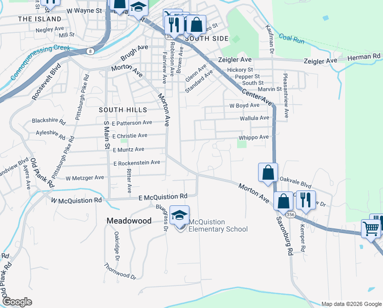 map of restaurants, bars, coffee shops, grocery stores, and more near 208 White Avenue in Butler