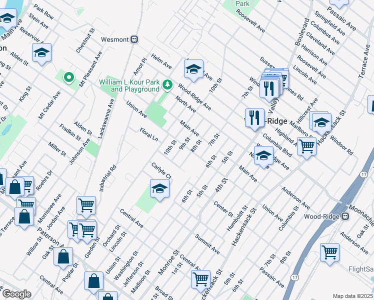 map of restaurants, bars, coffee shops, grocery stores, and more near 326 Union Avenue in Wood-Ridge