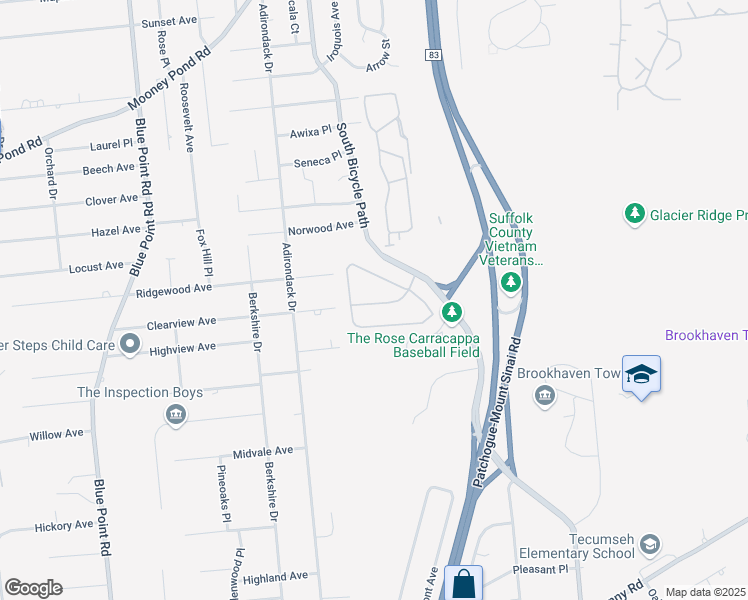 map of restaurants, bars, coffee shops, grocery stores, and more near 114 Overlook Drive in Farmingville