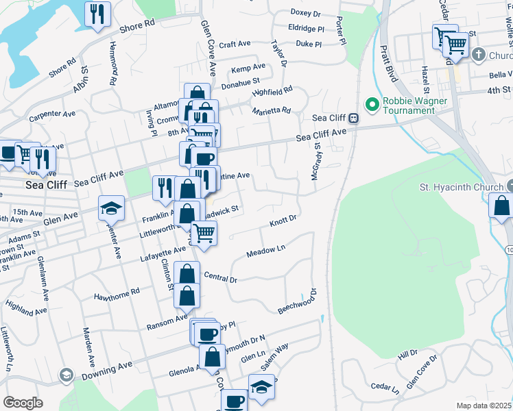 map of restaurants, bars, coffee shops, grocery stores, and more near 18 Alex Lane in Glen Cove