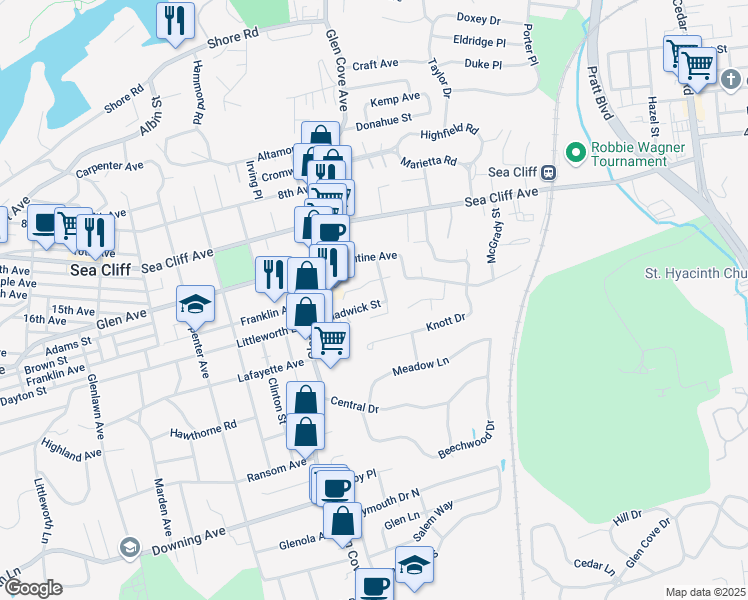 map of restaurants, bars, coffee shops, grocery stores, and more near 23 Chadwick Street in Glen Cove