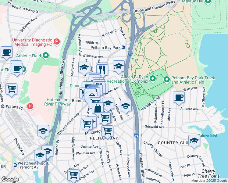 map of restaurants, bars, coffee shops, grocery stores, and more near 1750 Parkview Avenue in Bronx