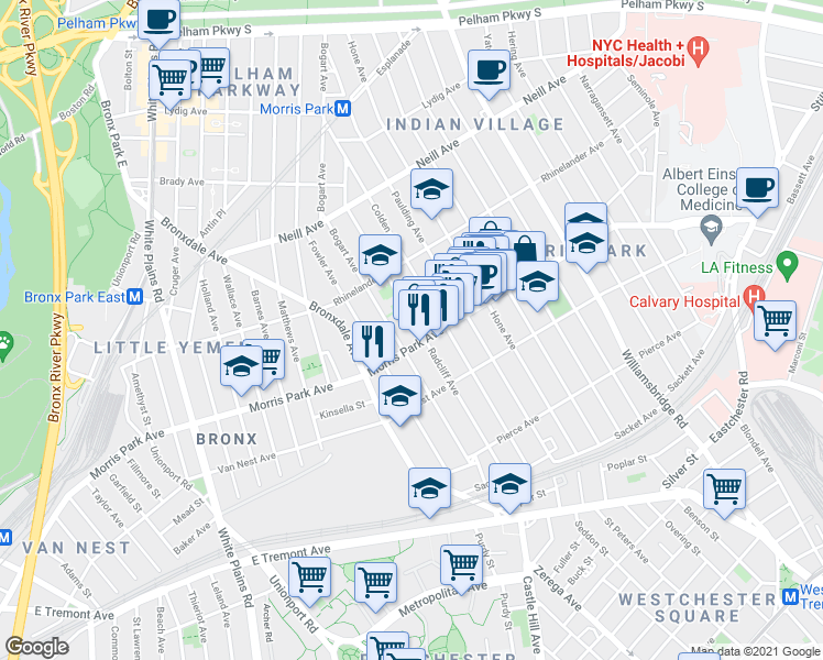 map of restaurants, bars, coffee shops, grocery stores, and more near 959 Morris Park Avenue in The Bronx