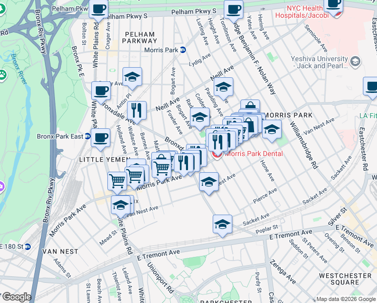 map of restaurants, bars, coffee shops, grocery stores, and more near 1840 Bronxdale Avenue in Bronx