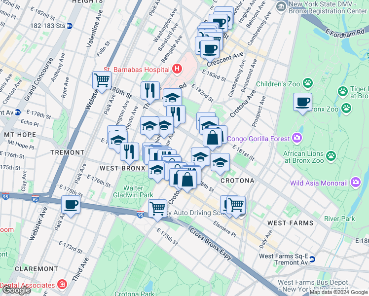 map of restaurants, bars, coffee shops, grocery stores, and more near 2023 Hughes Avenue in Bronx