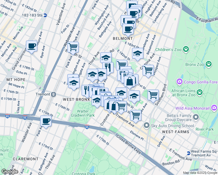 map of restaurants, bars, coffee shops, grocery stores, and more near 2023 Hughes Avenue in Bronx
