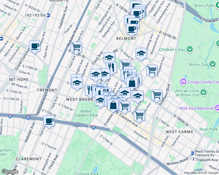 map of restaurants, bars, coffee shops, grocery stores, and more near 2023 Hughes Avenue in Bronx