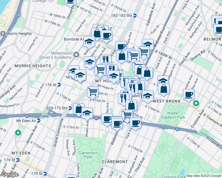 map of restaurants, bars, coffee shops, grocery stores, and more near in The Bronx