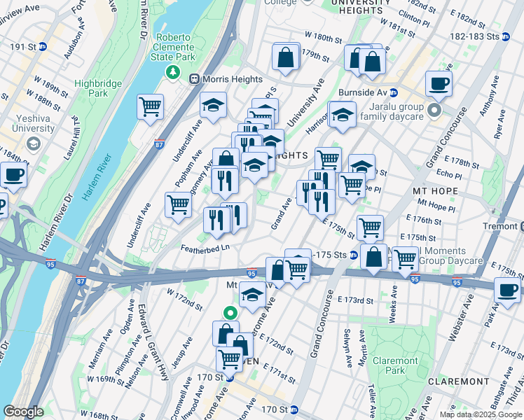 map of restaurants, bars, coffee shops, grocery stores, and more near in The Bronx