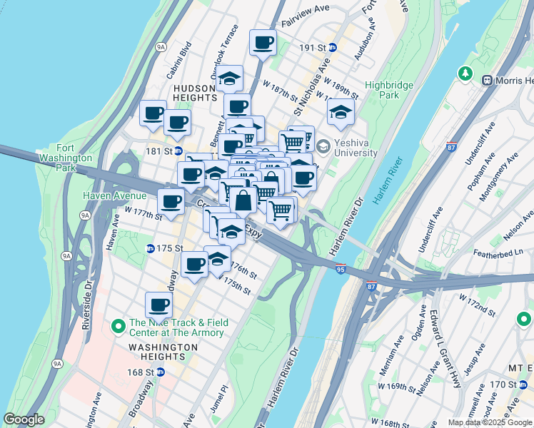 map of restaurants, bars, coffee shops, grocery stores, and more near 550 West 181st Street in New York