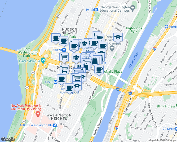 map of restaurants, bars, coffee shops, grocery stores, and more near 1404 Saint Nicholas Avenue in New York