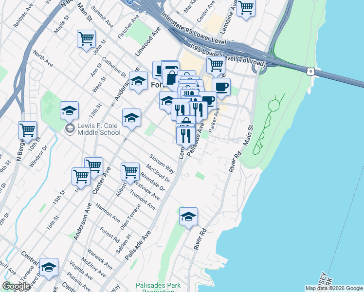 map of restaurants, bars, coffee shops, grocery stores, and more near 1565 Lemoine Avenue in Fort Lee