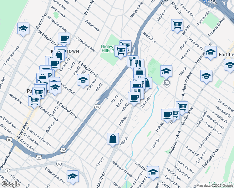 map of restaurants, bars, coffee shops, grocery stores, and more near 230 East Edsall Boulevard in Palisades Park