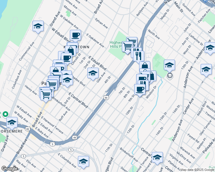 map of restaurants, bars, coffee shops, grocery stores, and more near 432 4th Street in Palisades Park