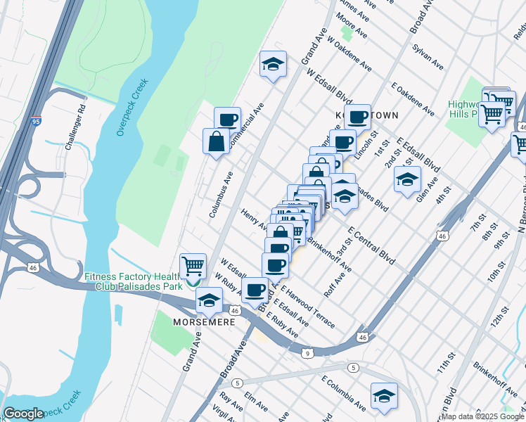 map of restaurants, bars, coffee shops, grocery stores, and more near 60 Brinkerhoff Terrace in Palisades Park