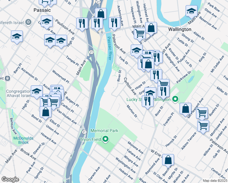 map of restaurants, bars, coffee shops, grocery stores, and more near 113 River Street in East Rutherford