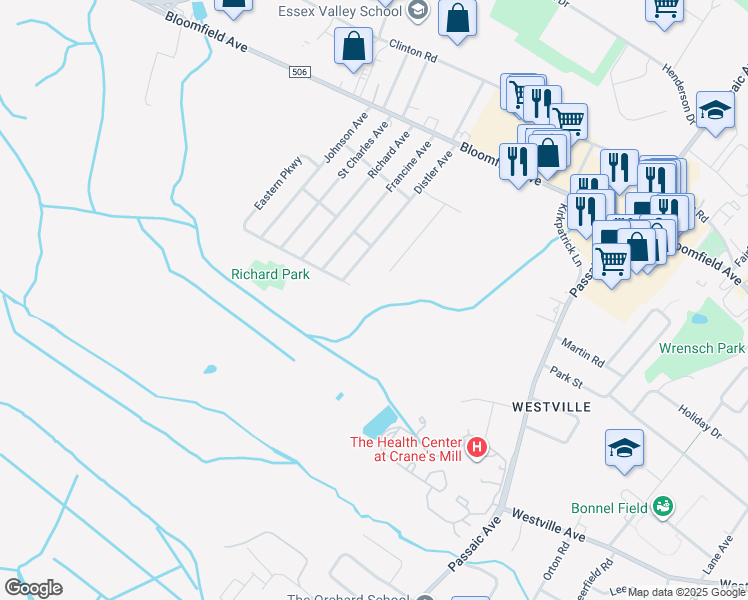 map of restaurants, bars, coffee shops, grocery stores, and more near 20 Aldrin Drive in West Caldwell