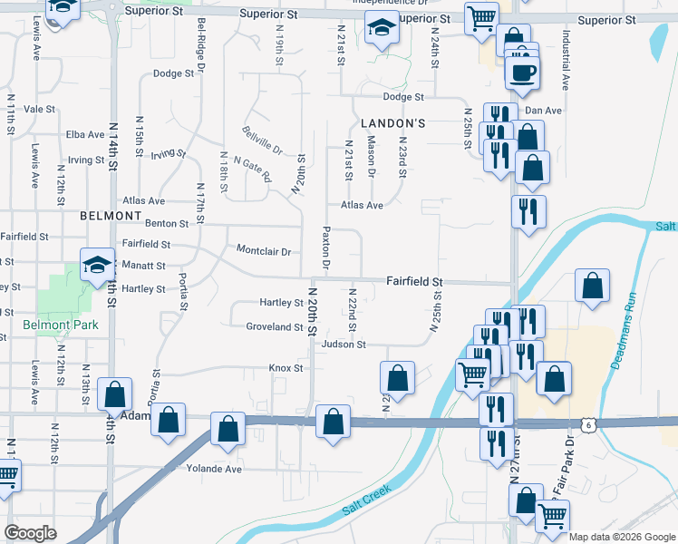 map of restaurants, bars, coffee shops, grocery stores, and more near 2100 Fairfield Street in Lincoln