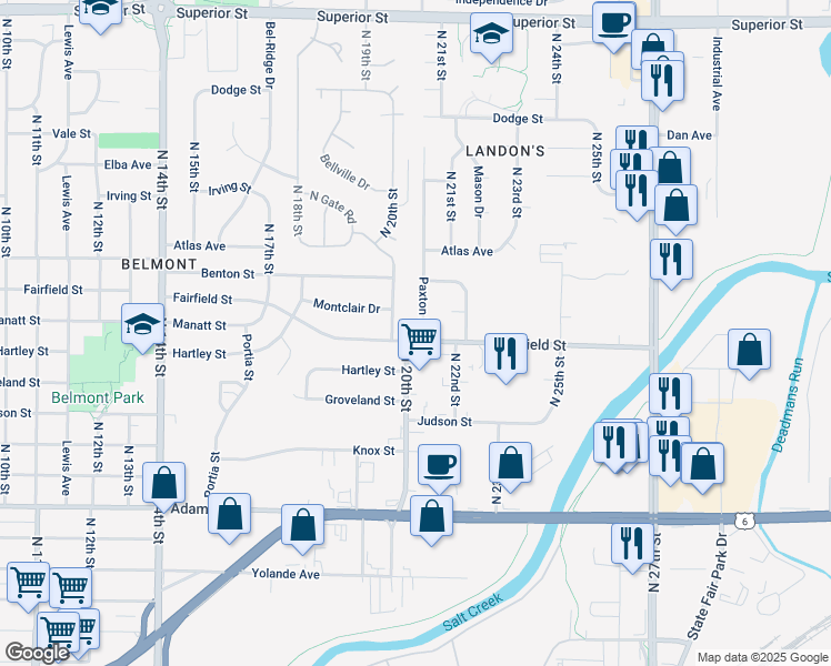 map of restaurants, bars, coffee shops, grocery stores, and more near 3701 Paxton Drive in Lincoln